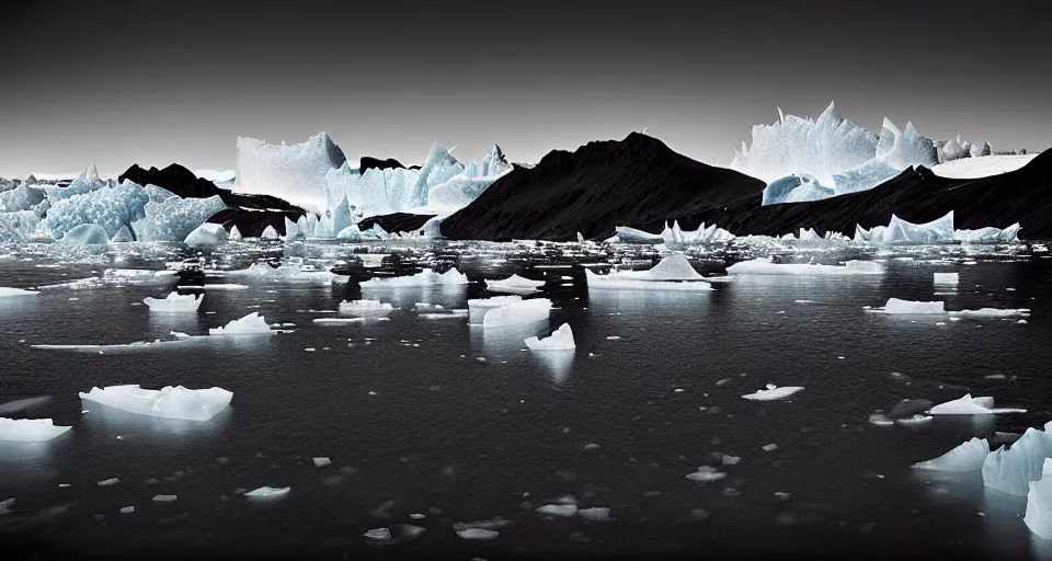 Image similar to a wet plate photograph, glaciers melting in Greenland
