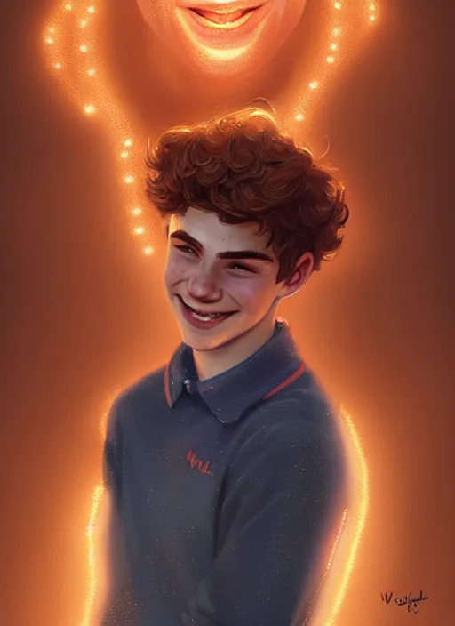 Image similar to portrait of teenage archie andrews, freckles, curly middle part haircut, curly hair, smiling kindly, intricate, elegant, glowing lights, highly detailed, digital painting, artstation, concept art, smooth, sharp focus, illustration, art by wlop, mars ravelo and greg rutkowski