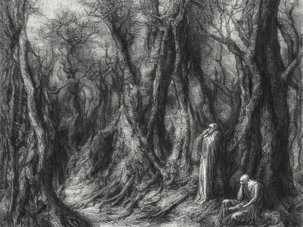 Prompt: “An engraving of Dante in the Gloomy Wood by Gustave Dore”