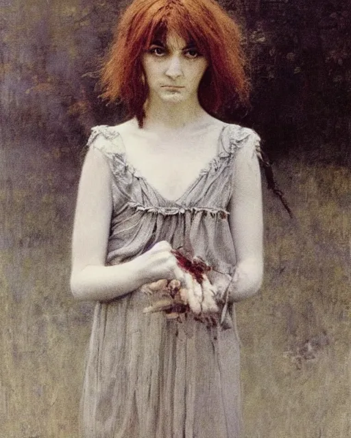 Prompt: a beautiful but sinister girl who looks like a young shirley henderson in dead space, with haunted eyes and crazy hair, 1 9 7 0 s, seventies, delicate embellishments, a little blood, crimson, painterly, offset printing technique, by jules bastien - lepage