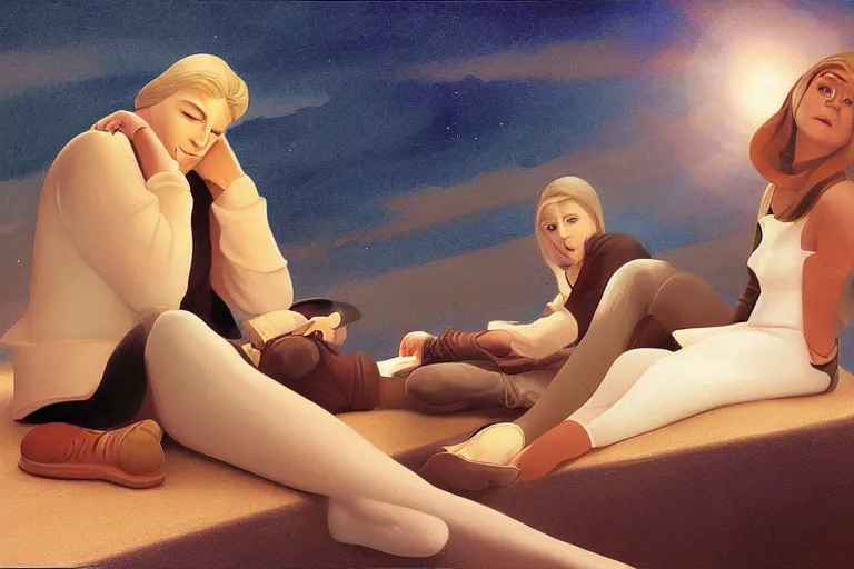 Prompt: beautiful painting of friends, beautiful faces, sitting on the edge, cute, soft light, digital painting by ralph mcquarrie and belotto bernardo