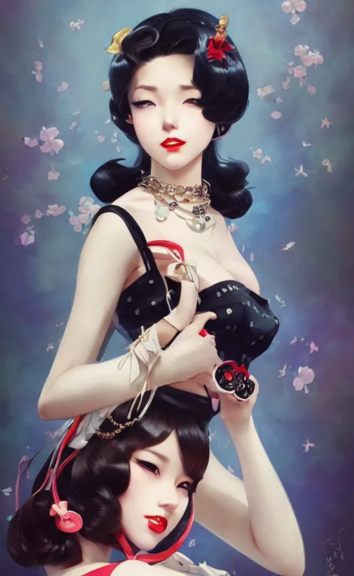 Image similar to a pin up and beautiful fashion and charming and dreamlke japan girl with lv jewelry, character art, art by artgerm lau and kyoung hwan kim and and ilya kuvshinov and john singer sargent, hyperdetailed, 8 k realistic, symmetrical, frostbite 3 engine, cryengine, dof, trending on artstation, digital art