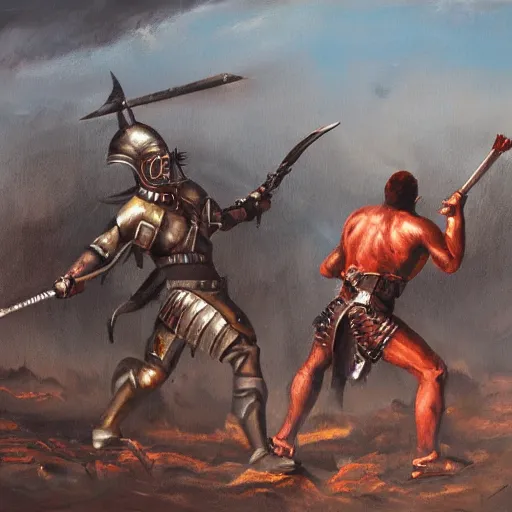 Image similar to Oil painting of an apocalyptic gladiator duel, sci-fi, wasteland