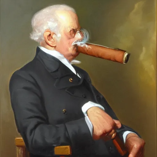 Prompt: Oil painting of Carl XVI Gustav smoking a cigar