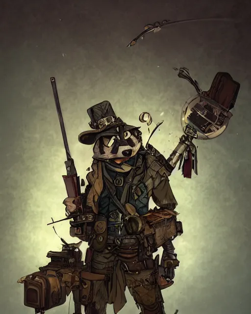 Prompt: Raccoon Steampunk Sniper, Anthropomorphized, magic the gathering artwork, D&D, fantasy, cinematic lighting, centered, symmetrical, highly detailed, digital painting, artstation, concept art, smooth, sharp focus, illustration, volumetric lighting, epic Composition, 8k, art by Akihiko Yoshida and Greg Rutkowski and Craig Mullins, heroic pose, oil painting, cgsociety, Golden Steampunk city atmosphere