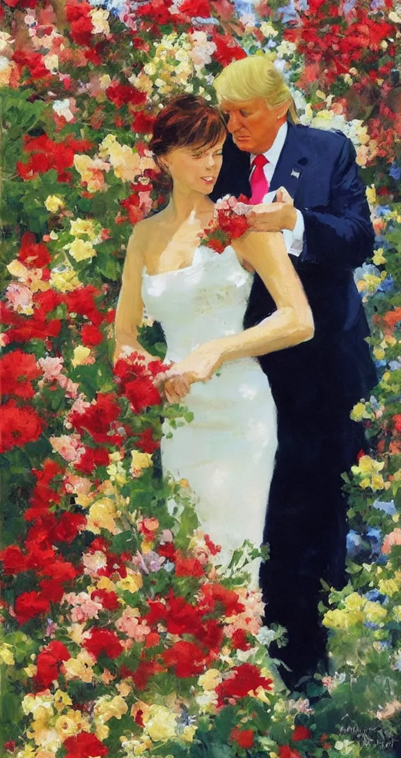 Image similar to romantic portrait of donald trump in an elegant dress surrounded by beautiful flowers, by gregory manchess, james gurney, james jean