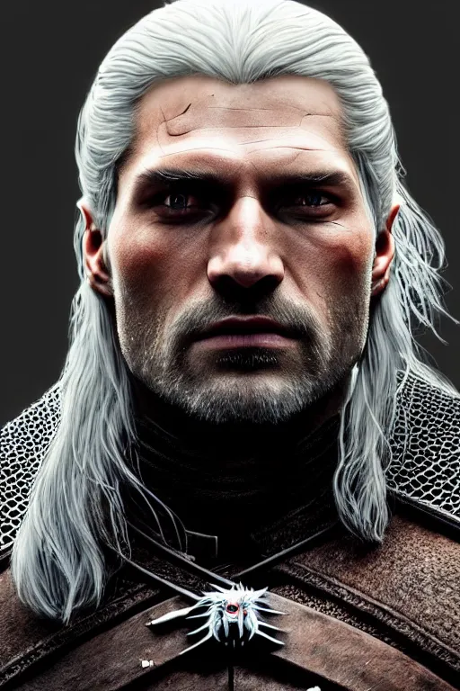 Prompt: the witcher, nikolaj coster - waldau face!!!, masterpiece portrait, white hair, highly detailed face, ultra realistic, concept art, intricate details, highly detailed, photorealistic, octane render, 8 k, unreal engine. horror film still, heavy grain, 3 5 mm, art by artgerm and greg rutkowski and alphonse mucha