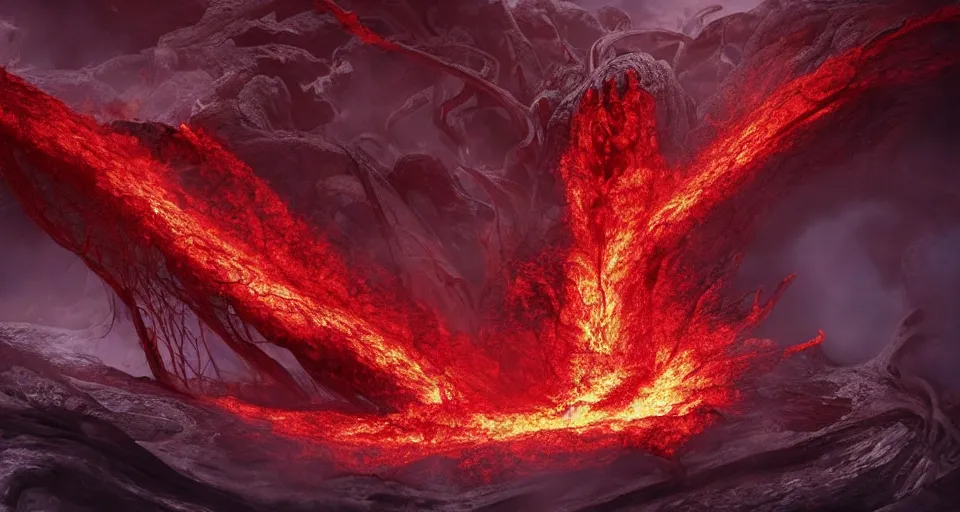 Image similar to a volcano made of ivory vines and crimson rocks enters in eruption, it spits a smoke in the shape of demonic eye, by Disney Concept Artists