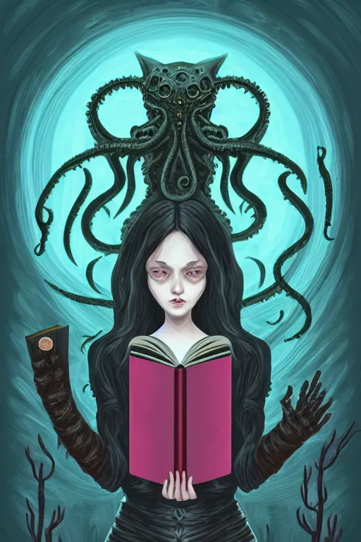 Prompt: ai illustration of romantic girl, her cat and her book of necronomicon, symmetrical, cinematic, sharp focus, 4 k, ultra hd, sense of awe, sinister demonic atmosphere, dreadful, forbidden knowledge, old gods, cthulhu, yog - sothoth! yah, yah, yah! cultist journal cover