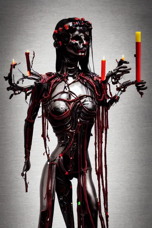 Prompt: full-body cyberpunk style sculpture of a young beautiful dark priestess, half android with a head opening exposing circuitry, glowing red eyes, black roses, flowing blood-red colored silk, fabric, candles. baroque elements, human skulls. full-length view. baroque element. intricate artwork by Caravaggio. crows flying in background. Trending on artstation, octane render, cinematic lighting from the right, hyper realism, octane render, 8k, depth of field, 3D