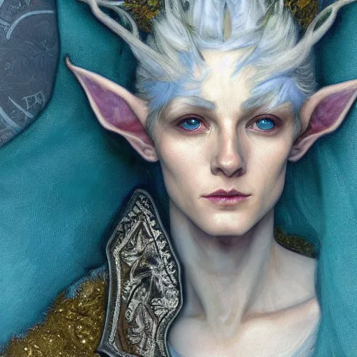 Image similar to a close - up portrait of an androgynous handsome male snow elf in a turquoise cape and silver armour, albino skin, winter vibes, elegant, very coherent symmetrical artwork, by tomasz alen kopera and alphonse mucha and charlie bowater, photorealistic