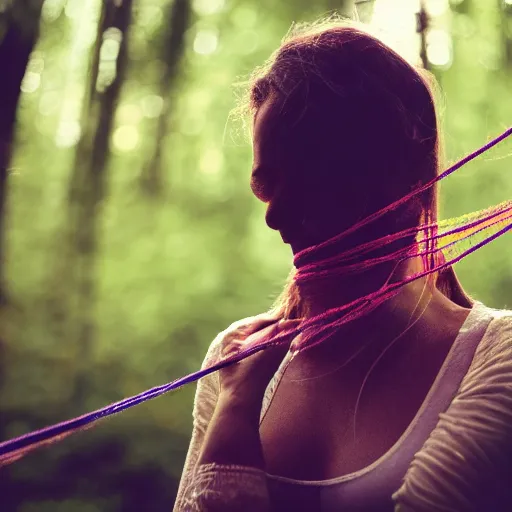 Image similar to a female made out of string surrounded by forest cinematic, 8 k, depth of field, bokeh.