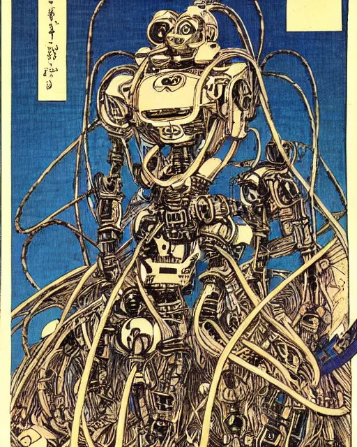 Image similar to Kuniyoshi portrait of a robot saint made of cables and robotic pod by Marc Silvestri