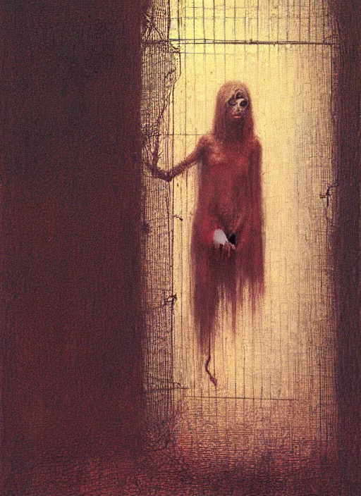 Prompt: pale girl in rags inside cage by Beksinski