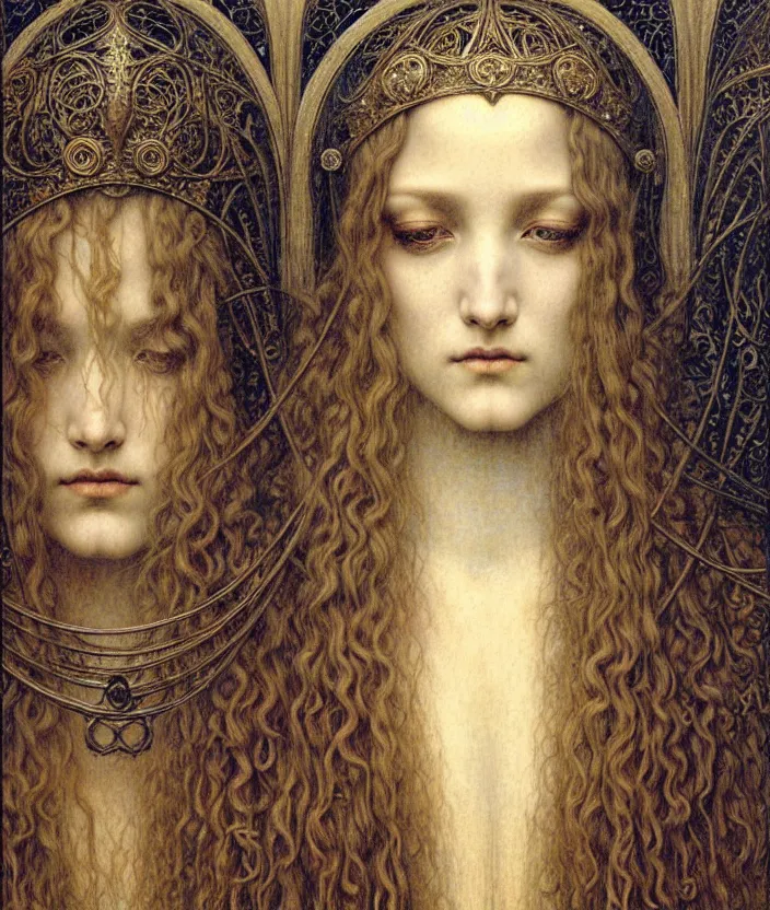 Image similar to detailed realistic beautiful young medieval queen face portrait by jean delville, gustave dore and marco mazzoni, art nouveau, symbolist, visionary, gothic, pre - raphaelite. horizontal symmetry