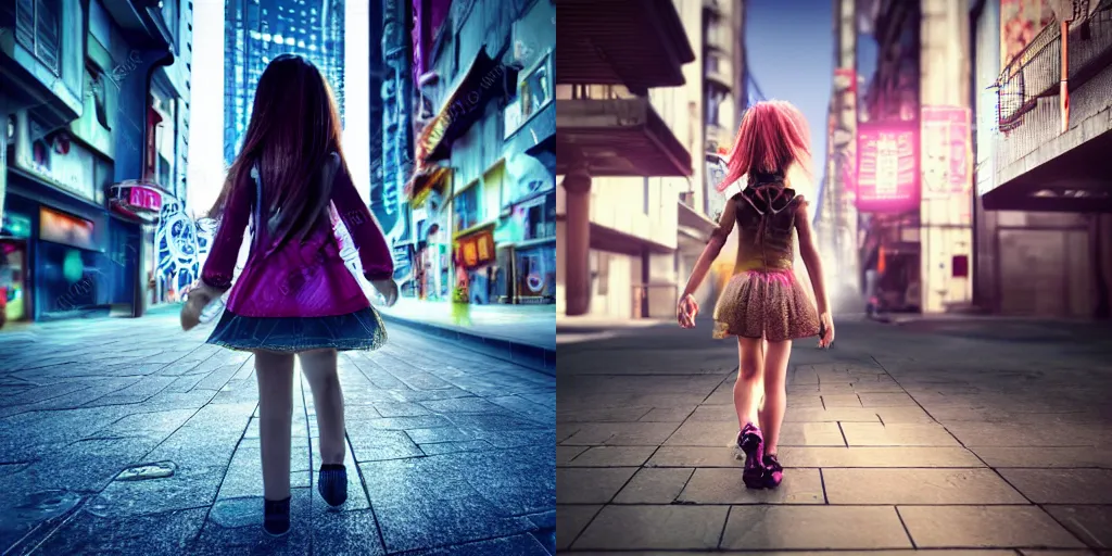 Prompt: A extremely beautiful photorealistic detailed clockpunk little girl walking in cyberpunk street