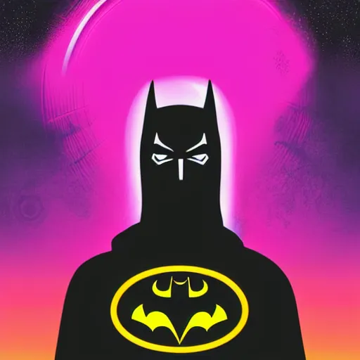 Image similar to vector batman in hoodie, portrait, vaporwave, synthwave, neon, vector graphics, cinematic, volumetric lighting, f 8 aperture, cinematic eastman 5 3 8 4 film