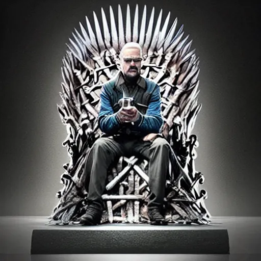 Image similar to “ very very intricate hyperrealistic photo of a walter white on the iron throne, detailed studio lighting, award - winning crisp details ”