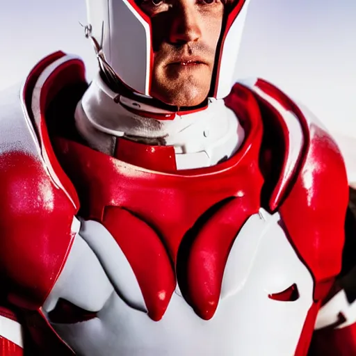 Image similar to headshot of a tall athletic muscular infantry man in glossy sleek white armor with tiny red details and a long red cape, heroic posture, strong jawline, on the surface of mars, night time, dramatic lighting, cinematic, sci-fi, hyperrealistic