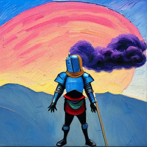 Prompt: a blue caped armored knight, wearing modern headphone, standing in midground, oil painting of a cummulonimbus cloud on a pink sunset by erin hanson, album cover