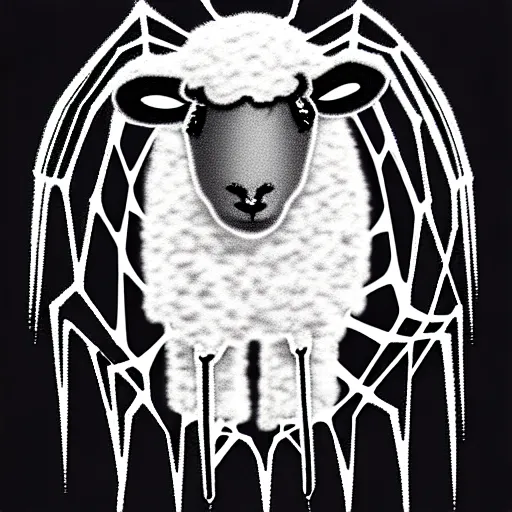 Image similar to transparent flat sheep in spiderweb clothes. fusion between lamb and cobweb. white eyes. pencil sketch, concept artsheep shape morph spider web