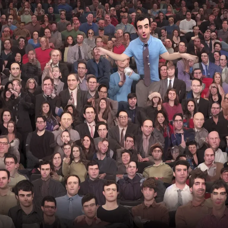 Image similar to focused dslr photograph of hundreds of nathan fielder from nathan for you on comedy central controlling a puppet version of himself filmed by a tv crew on a stage with a red curtain, meta, fractal, trippy, high detail!!! 8 k, photorealism, sharp focus, volumetric lighting, coherent!!! art directed, rule of thirds, face
