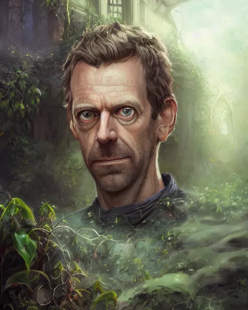 Prompt: detailed portrait of gregory house as a mage, magical, bright spells, fantasy, ruins, overgrown plants, atmosphere, 8 k high definition, insanely detailed, intricate, by charlie bowater, johan grenier