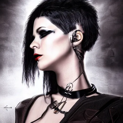 Image similar to a digital artwork of woman wearing technological large steel collar, choker on neck, dark cyberpunk art style, 4K, portrait, punk hairstyle,