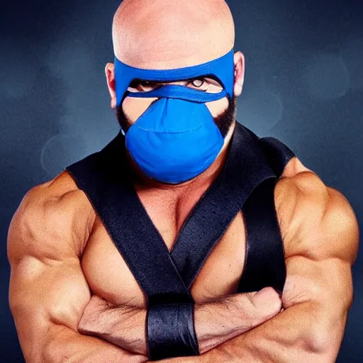 Prompt: muscular wrestler, bald, eyepatch, blue mask covering mouth, realistic,