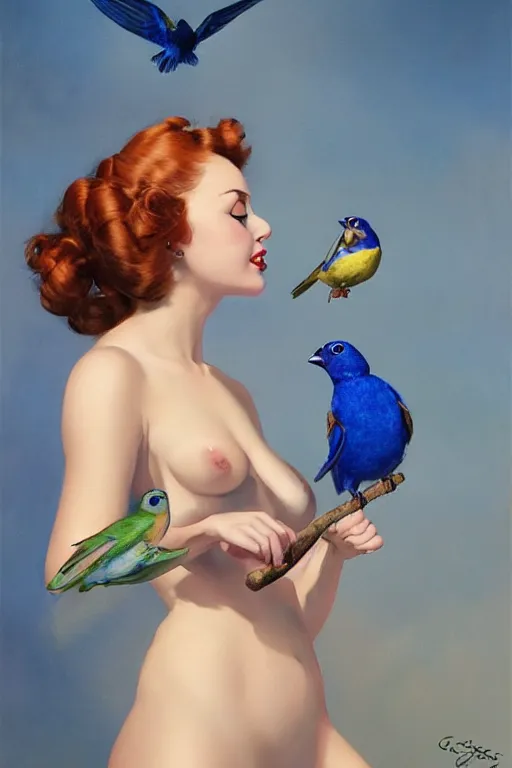 Image similar to hyper realistic painting, tasteful pinup girl holding an indigo bunting, bird, the bird is wearing a bowtie, by greg rutkowski, rossdraws, gil elvgren, enoch bolles, anime, porcelain skin, very coherent