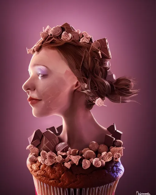 Prompt: a girl as personification pf chocolate cupcake, fantasy bakery, digital art by krenz kushart, wlop, laurie greasly, intricate details, global illumination, smooth, epic composition