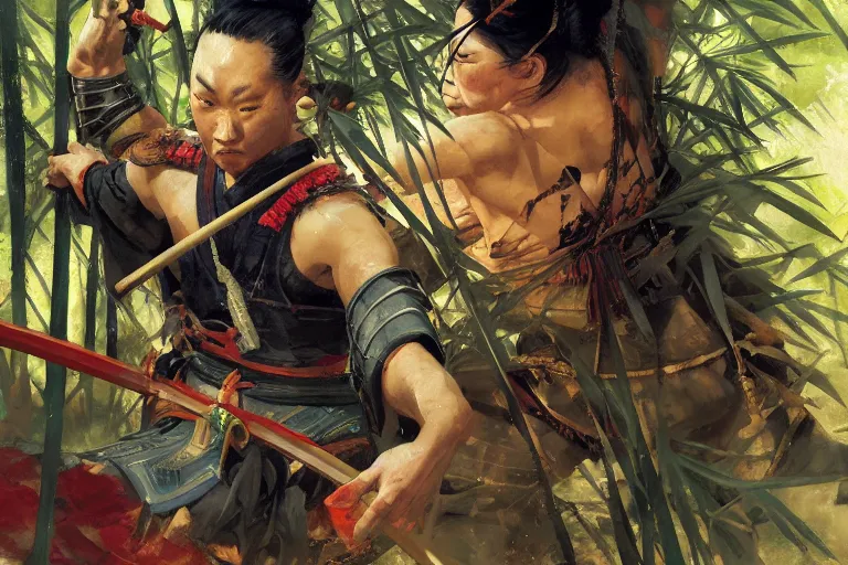 Image similar to close up of samurai in full armor, in a mysterious and bamboo forest, dawn, by huang guangjian and gil elvgren, sachin teng, greg manchess