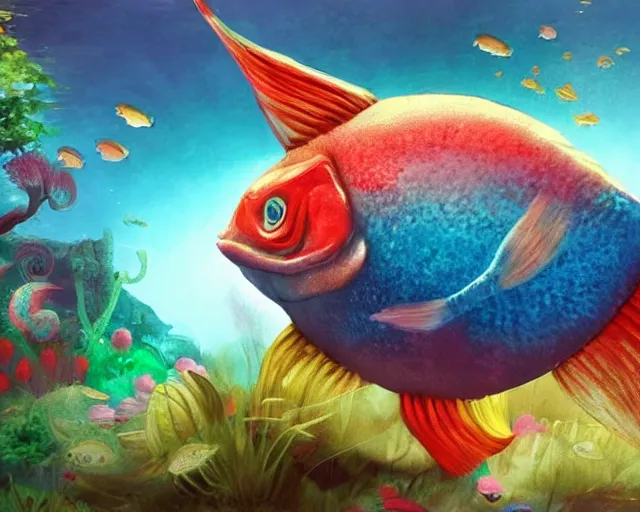 Image similar to of a very beautiful scene. a sweet fat little girl is in love with a huge, colorful and beautiful fish. hyper realistic. 4 k. wide angle. in the baroque style. wild. symmetrical face, red mouth, blue eyes. deep focus, lovely scene. processing block environment. concept art. unreal engine.