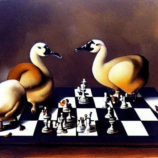 Prompt: Salvador Dali duck playing chess with sheep
