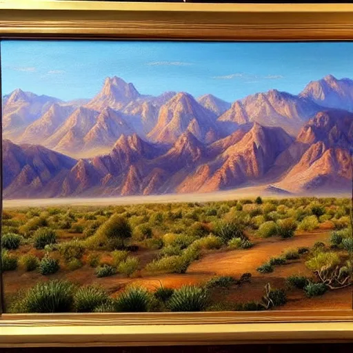 Image similar to this painting is simply stunning. it is a beautiful landscape painting of a desert scene, with mountains in the background and a bright sky. the detail is amazing. it is a truly beautiful painting.