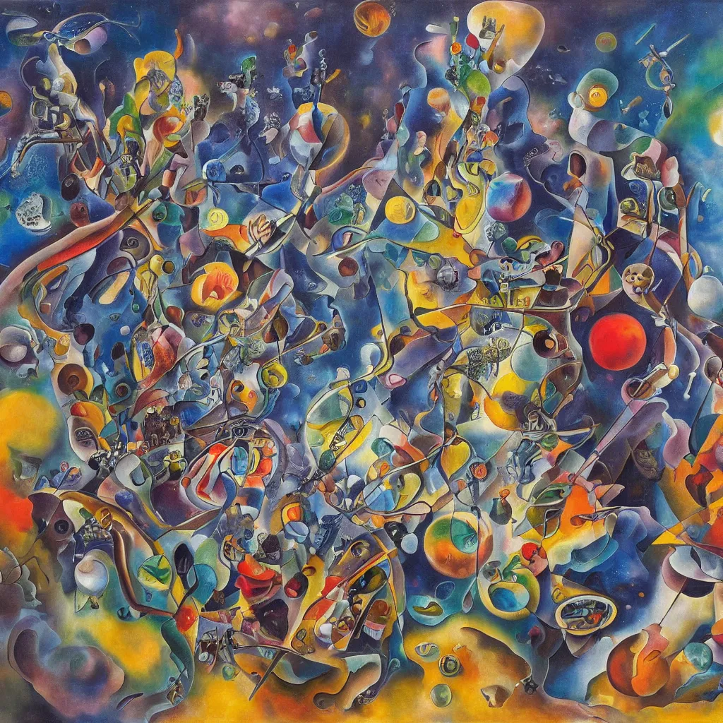 Prompt: a hd surrealism painting of 3d cast glass galactic sculptures by dali and kandinsky, ultra detailed, 4k, oil on canvas