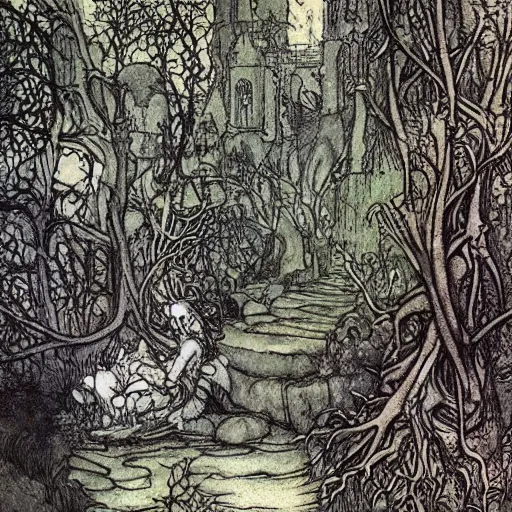 Image similar to fantastic underwater world, environment, building, faerie magic, cast iron fence, thorns, briarwood, overgrown, by Arthur Rackham,full colour, extremely detailed