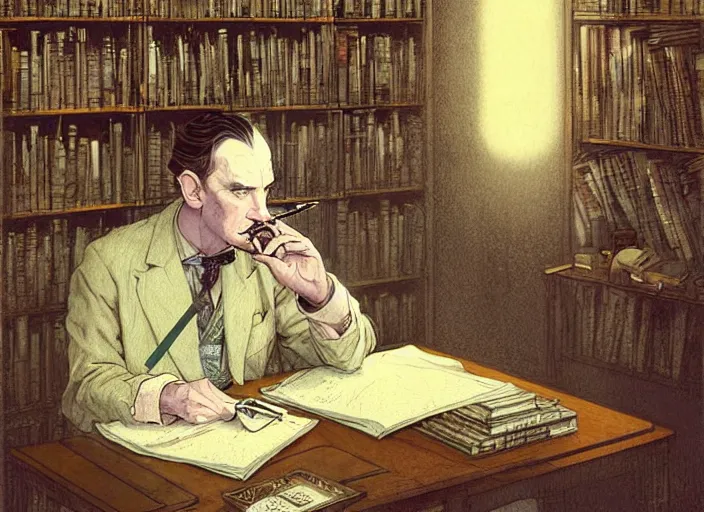 Prompt: portrait of jrr tolkien smoking a pipe in a library - art, by wlop, james jean, victo ngai! muted colors, very detailed, art fantasy by craig mullins, thomas kinkade cfg _ scale 8