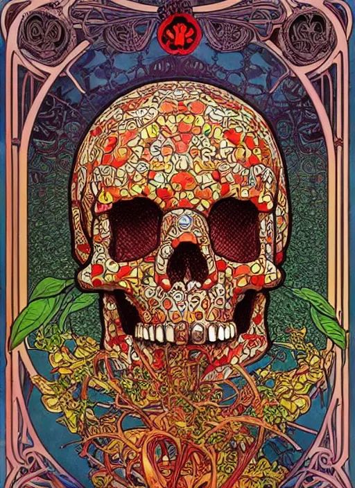 Prompt: intricate mickey mouse skull carving art, background are varities of superhot chili peppers, bhut jolokia, carolina reaper, voronoi, fibonacci sequence, by Moebius, Alphonse Mucha, hiroshi yoshida, Art Nouveau, cgsociety, complementary colour scheme, ultradetailed, vivid colour, 3d