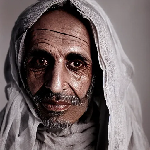 Prompt: portrait of a middle - aged middle - eastern doctor. his skin is dessicated and mummified. his eyes are keen. portrait photography by annie liebovitz.