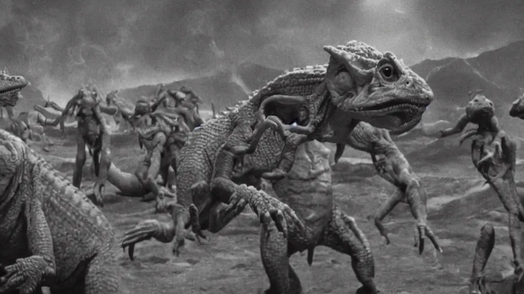 Prompt: movie scene of a group of draconian humanoids arriving to earth, reptil, reptilian, movie still, cinematic composition, cinematic light, criterion collection, reimagined by industrial light and magic, Movie by David Lynch and Ridley Scott