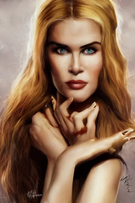 Image similar to mix of beautiful young maria shriver, mariel hemmingway, brooke shields, nicole kidman and elle macpherson as a snake girl with fangs, thin lips, hair tied up in a pony tail, dark blonde hair, colorful, artstation, cgsociety