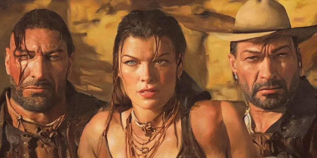 Image similar to oil painting medium close up of Mila Jovovich and Dave Bautista in the old west in a rustic cabin on the prairie