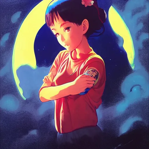 Image similar to A moon girl with big and cute eyes, || VERY ANIME, fine-face, realistic shaded perfect face, fine details. Anime. realistic shaded lighting poster by Ilya Kuvshinov katsuhiro otomo ghost-in-the-shell, magali villeneuve, artgerm, Jeremy Lipkin and Michael Garmash, Rob Rey and Kentarõ Miura style, trending on art station