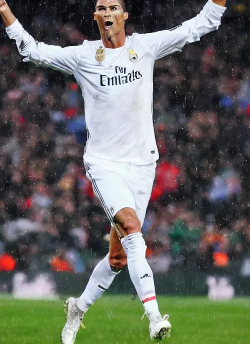 Image similar to epic face portrait cristiano ronaldo after scoring a goal, hard rain