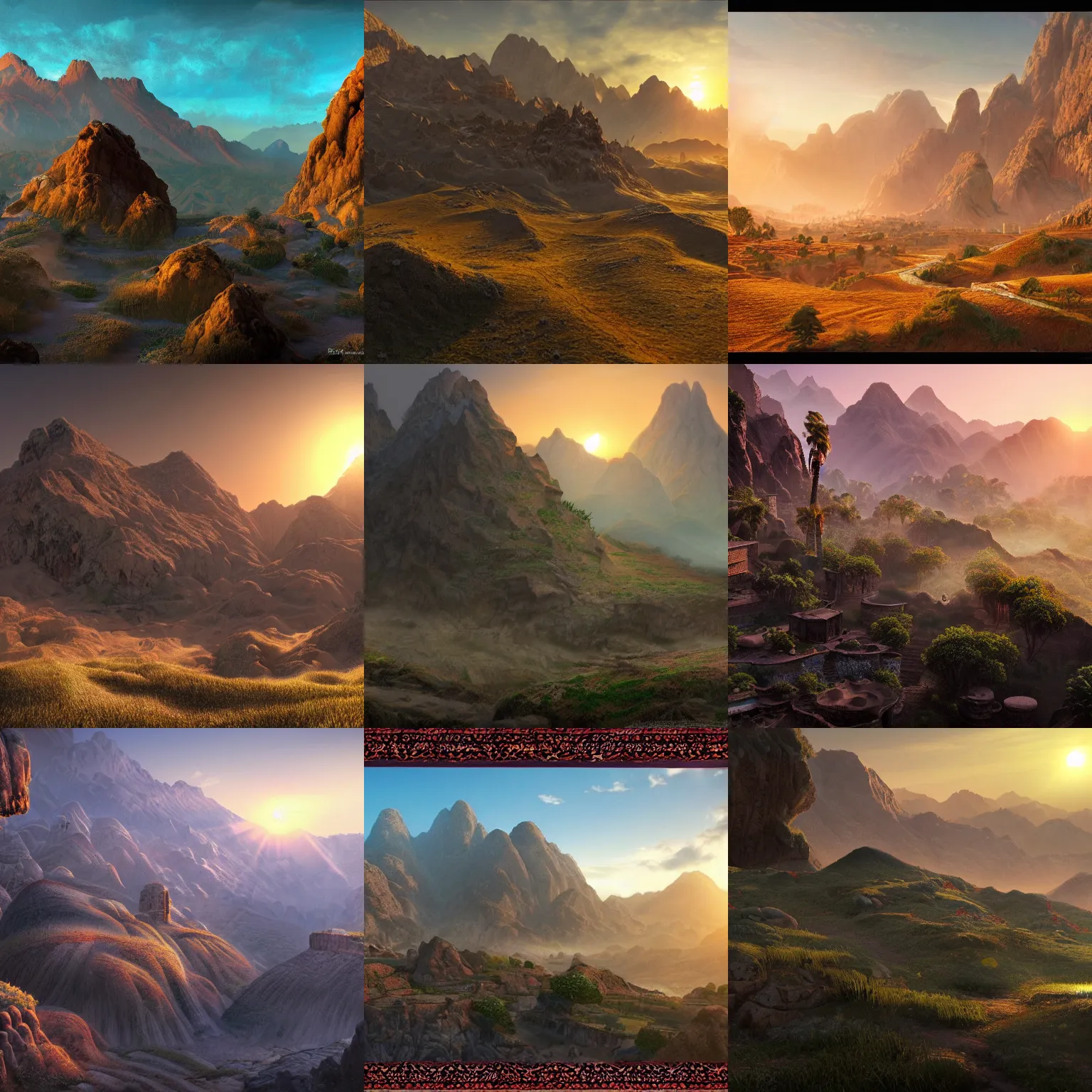 Prompt: sunrise in the Persian Carpet terrain, everything is carpet, mountains, hills and villages, photorealistic concept art, immense detail, epic, striking, featured on Artstation HD