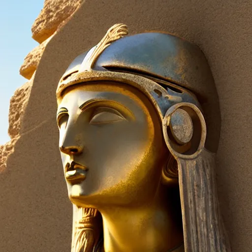 Image similar to greek ancient woman in bronze helmet standing on a giant greek ancient bearded man head, late afternoon light, greek temple of olympus glory island, wispy clouds in a blue sky, by frank lloyd wright and greg rutkowski and ruan jia