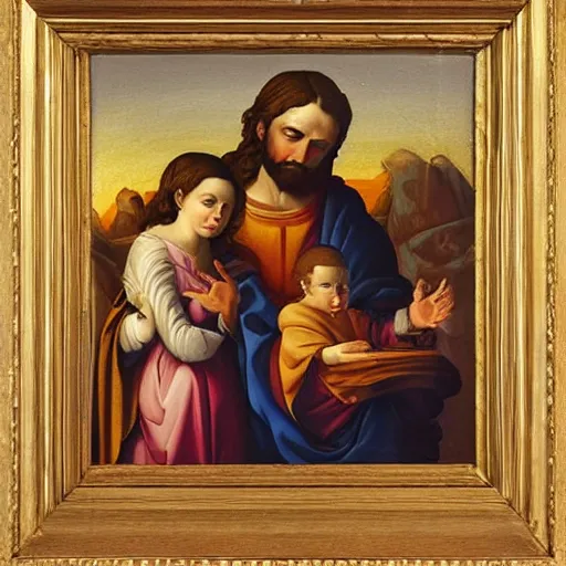 Prompt: a very detailed oil painting of the Holy Family, very detailed faces, showing Mary, Saint Joseph and Jesus, By Andrea Vaccaro