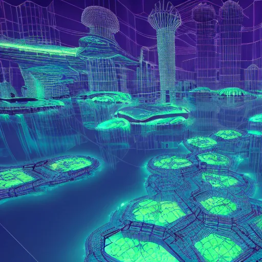 Prompt: bioluminescent city under water, futuristic, 3D render, teal and gold lights