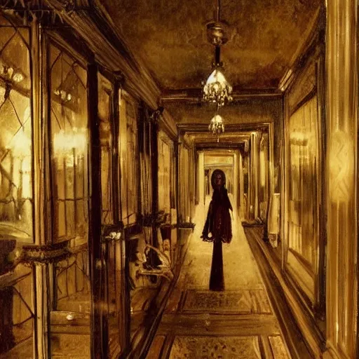 Image similar to a beautiful victorian woman is frightened by her doppleganger in a mirror. she is in a long hallway of mirrors. victorian interior, with many mirrors, elegant design, haunting atmosphere, dimly lit, gothic, horror style, by greg rutkowski, realistic, low angle, 3 / 4 view.